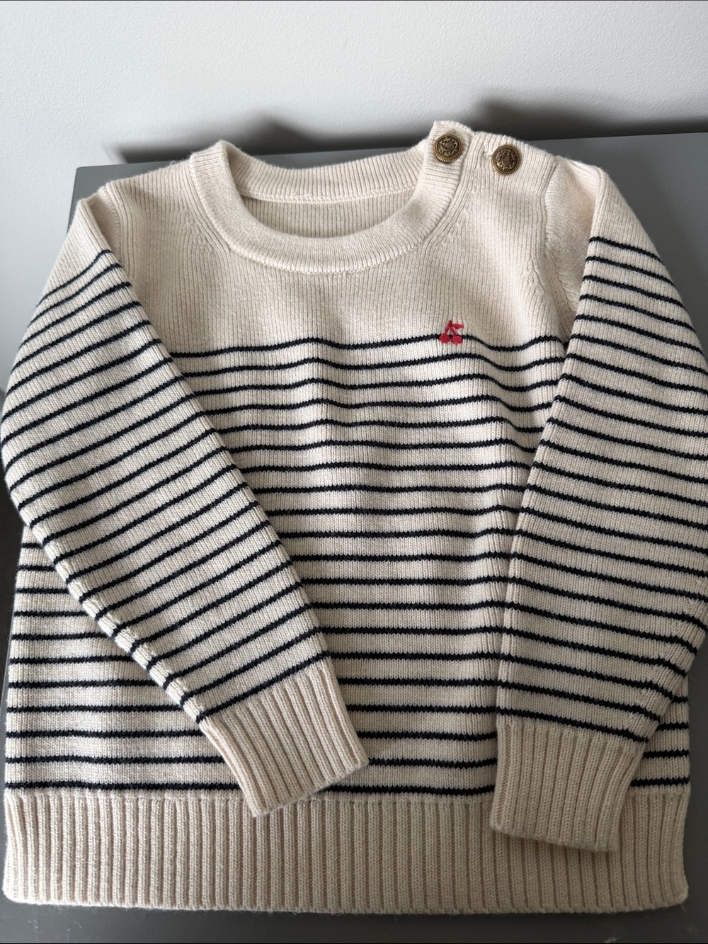 Bonpoint Cream and Navy Striped Kids Sweater with Red Accent